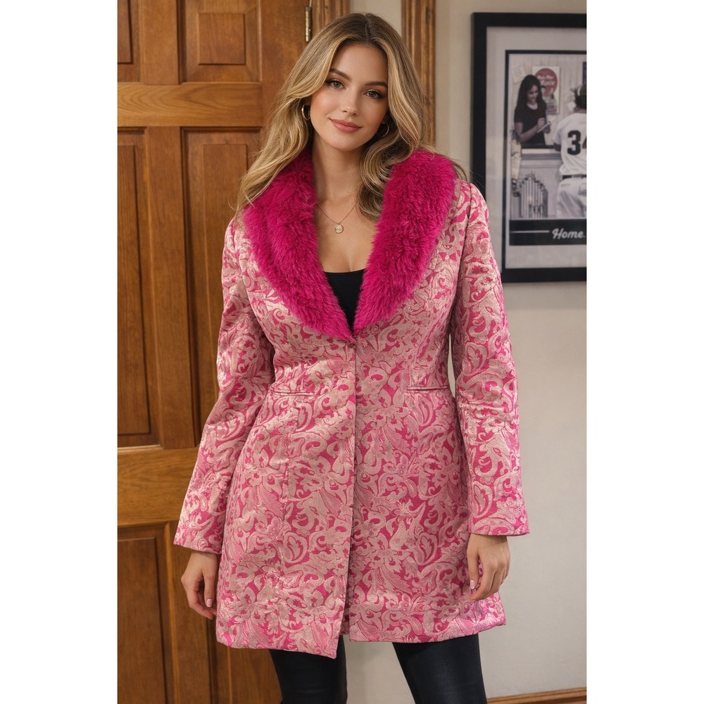 Psalm CIV Pink Brocade Coat 24W Plus Faux Fur‎ Collar Statement Jacket Metallic